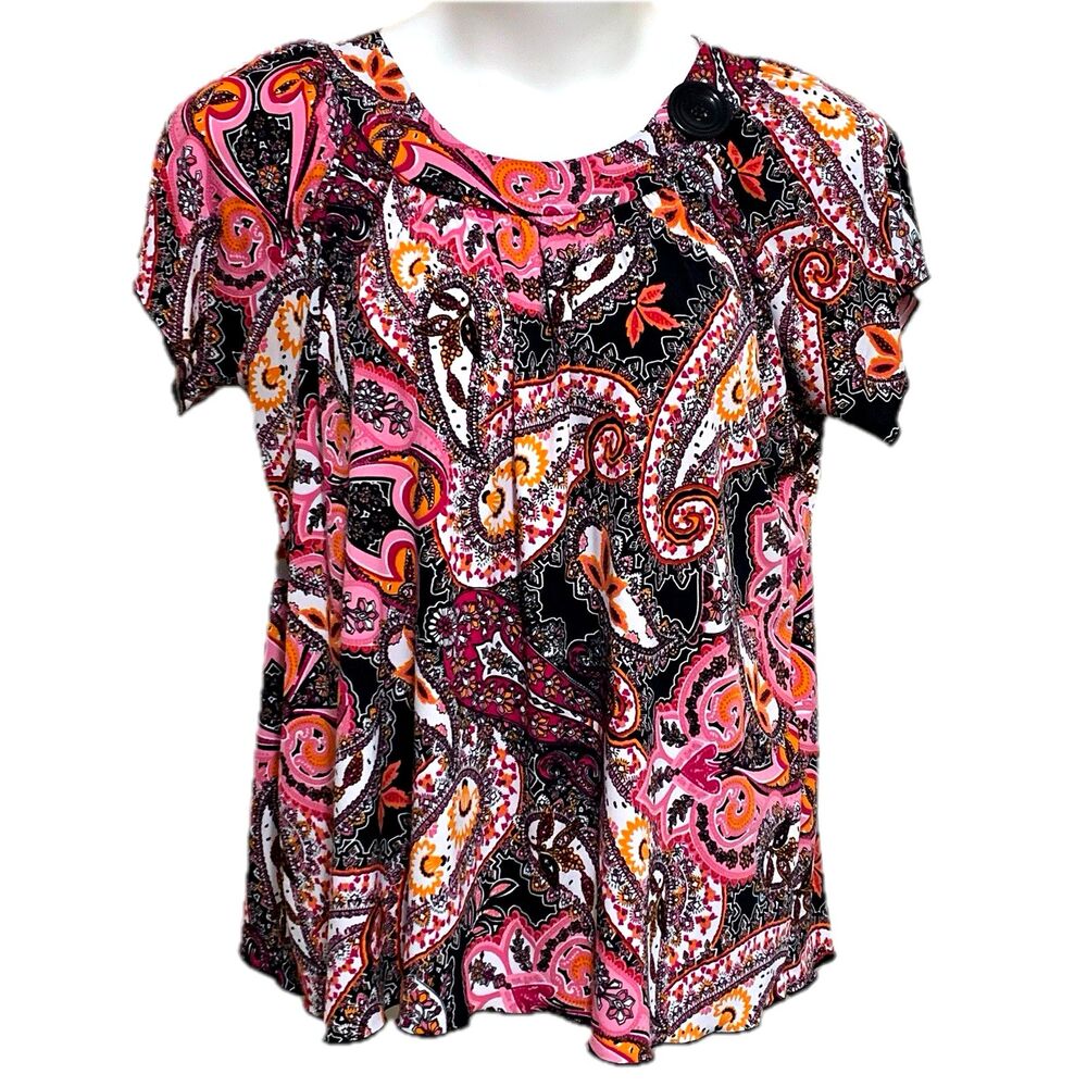 Susan Lawrence Blouse Top Womens Size 1X Pink Paisley Knit Stretch Short Sleeve